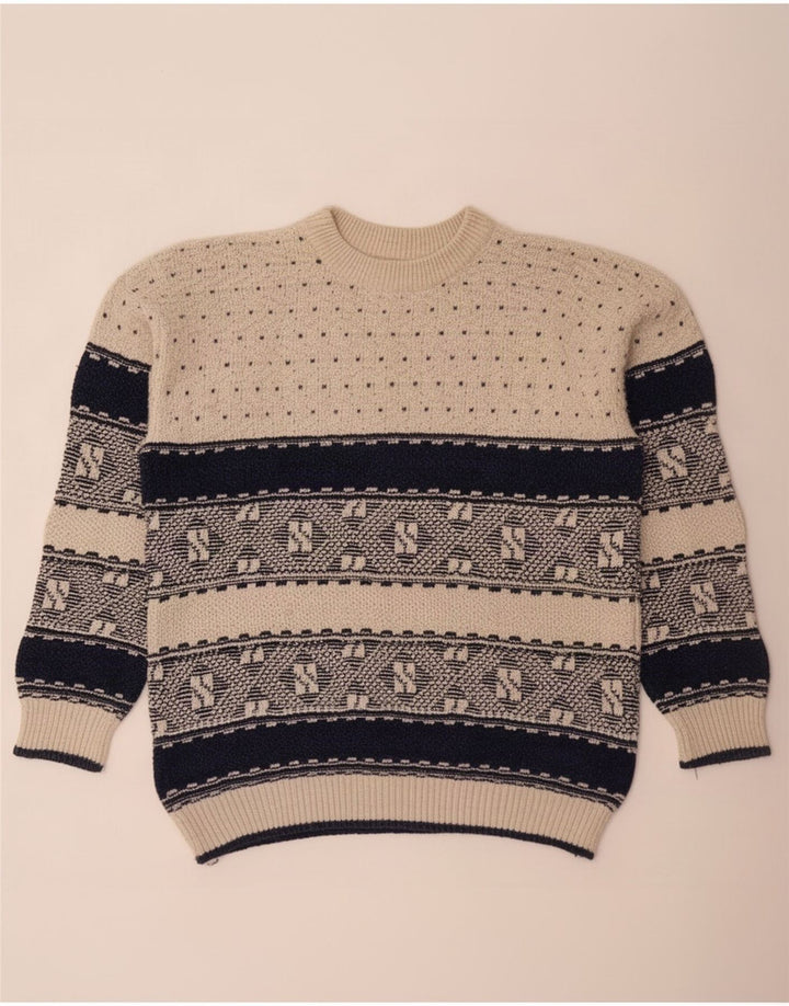 Vintage Mens Crew Neck Jumper Sweater Large Beige Geometric