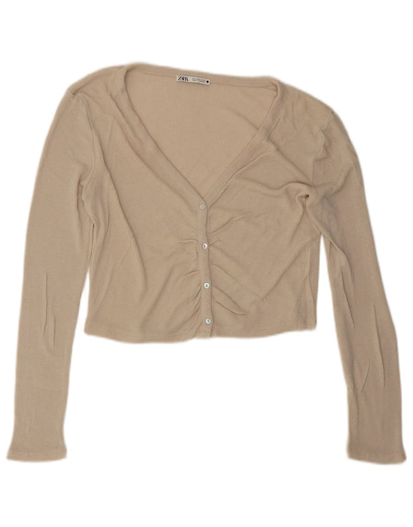 Zara Womens Crop Oversized Cardigan Top UK 10 Small Beige Viscose