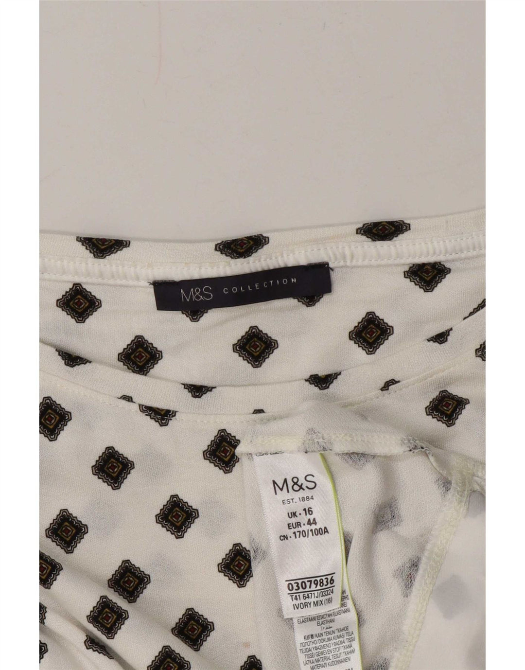 Marks & Spencer Womens Long Sleeve Tunic Top UK 16 Large White Geometric