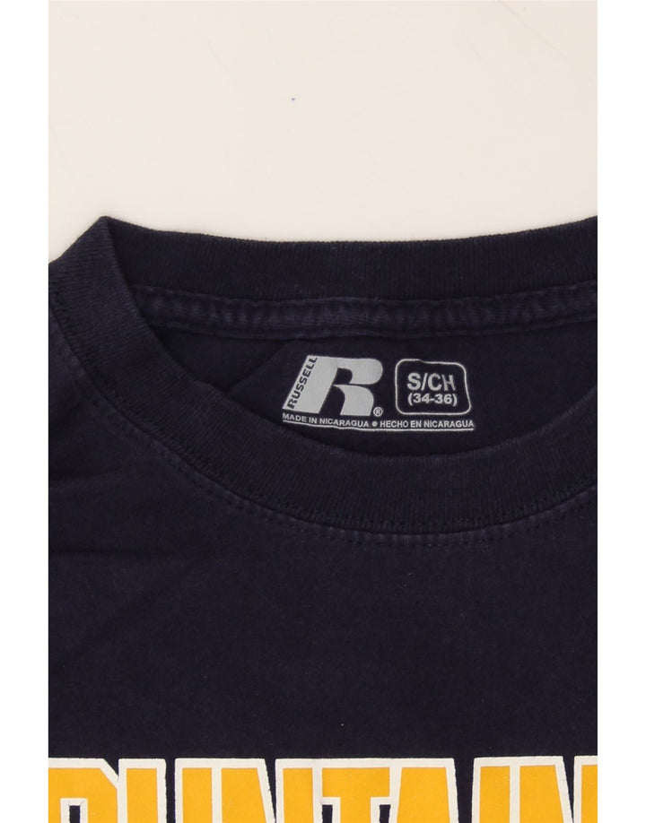RUSSELL ATHLETIC Mens Graphic Top Long Sleeve Small Navy Blue Vintage Russell Athletic and Second-Hand Russell Athletic from Messina Hembry 