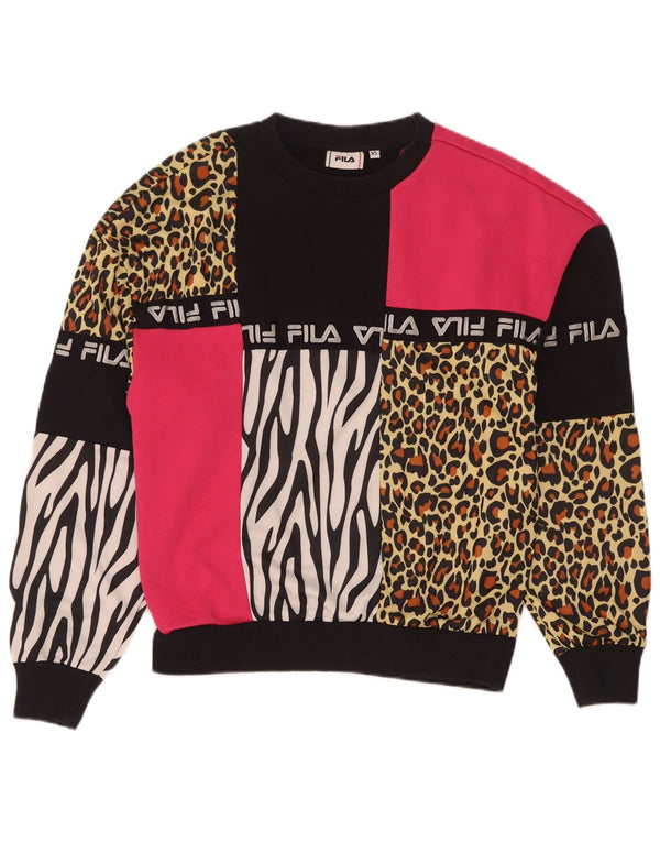 Fila Womens Graphic Sweatshirt Jumper UK 6 XS Black Animal Print