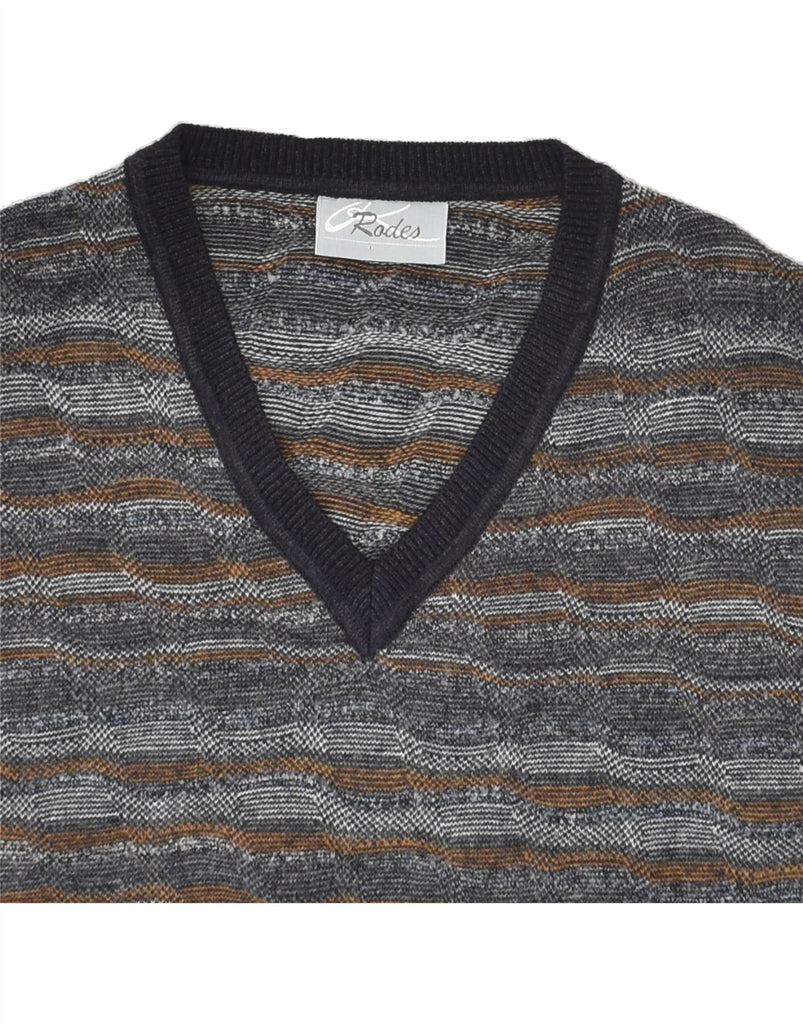 RODES Mens V-Neck Jumper Sweater Large Grey Striped Cotton | Vintage Rodes | Thrift | Second-Hand Rodes | Used Clothing | Messina Hembry 