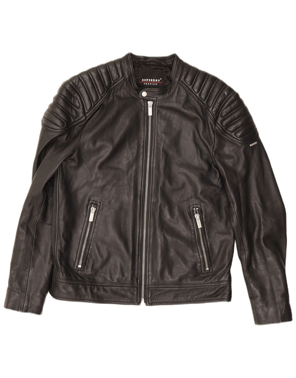 Superdry Mens Leather Biker Jacket UK 42 XL Black