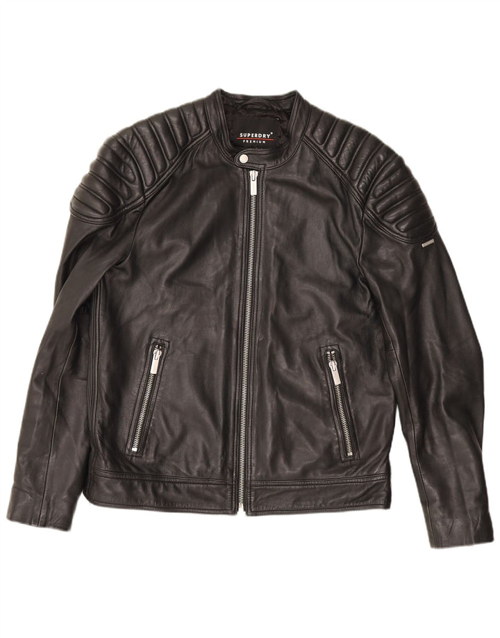 Superdry Mens Leather Biker Jacket UK 42 XL Black