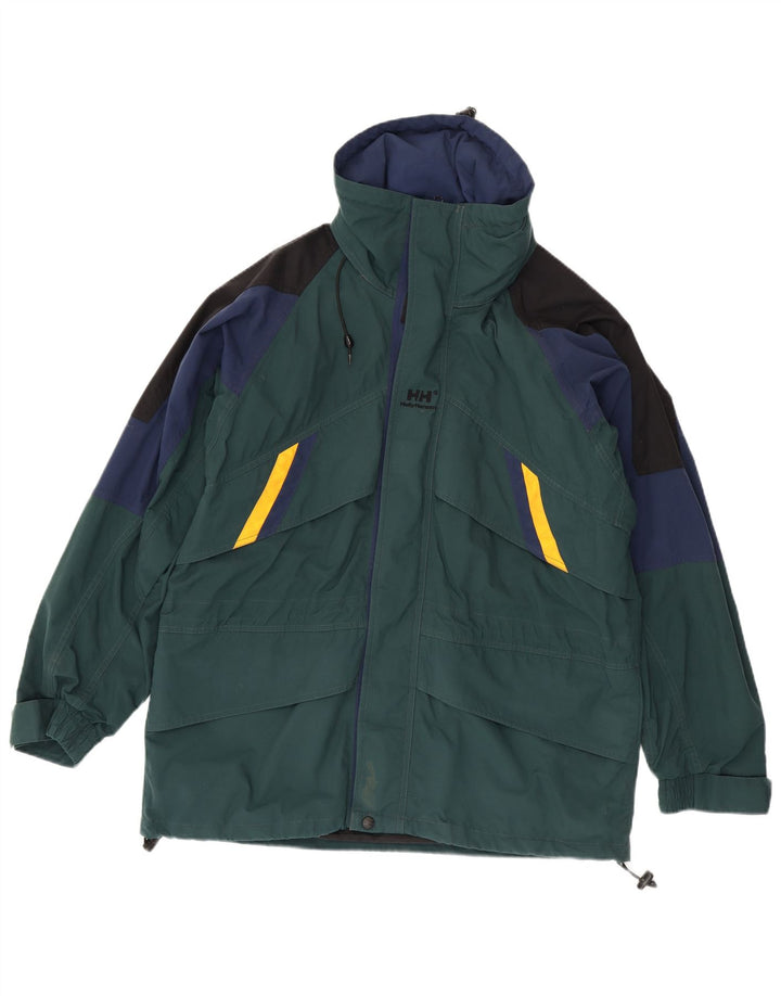 Helly Hansen Mens Hooded Rain Jacket UK 38 Medium Green Colourblock
