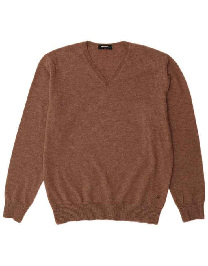 Burlington Mens V-Neck Jumper Sweater Large Brown Virgin Wool