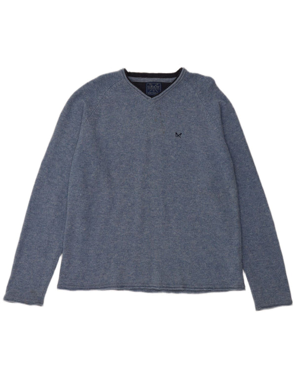 Crew Clothing Mens V-Neck Jumper Sweater Large Blue Flecked Lambswool