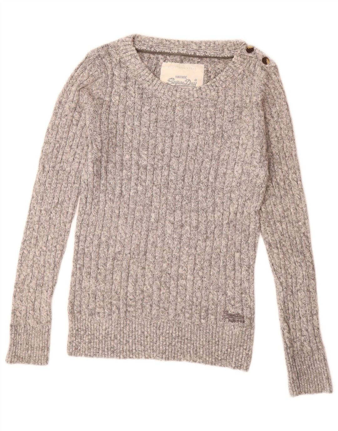 SUPERDRY Womens Boat Neck Jumper Sweater UK 14 Large Grey Flecked Cotton