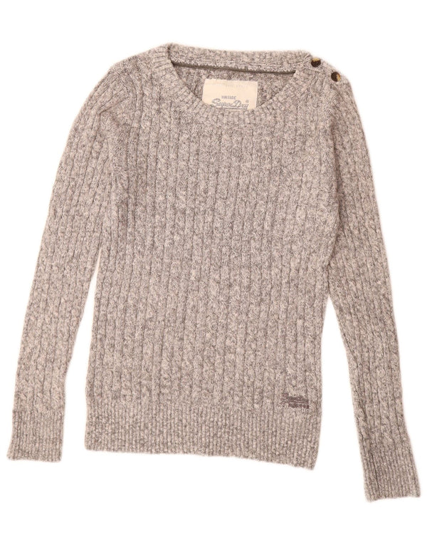 SUPERDRY Womens Boat Neck Jumper Sweater UK 14 Large Grey Flecked Cotton