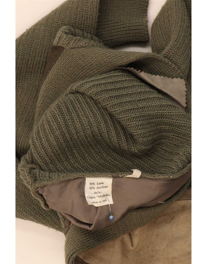 Vintage Mens Suede Cardigan Sweater IT 50 Medium Khaki Colourblock Wool