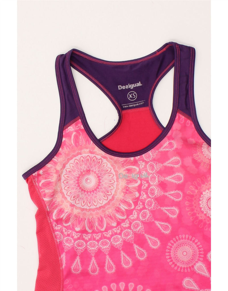DESIGUAL Womens Graphic Vest Top UK 4 XS Pink Colourblock Polyester | Vintage Desigual | Thrift | Second-Hand Desigual | Used Clothing | Messina Hembry 