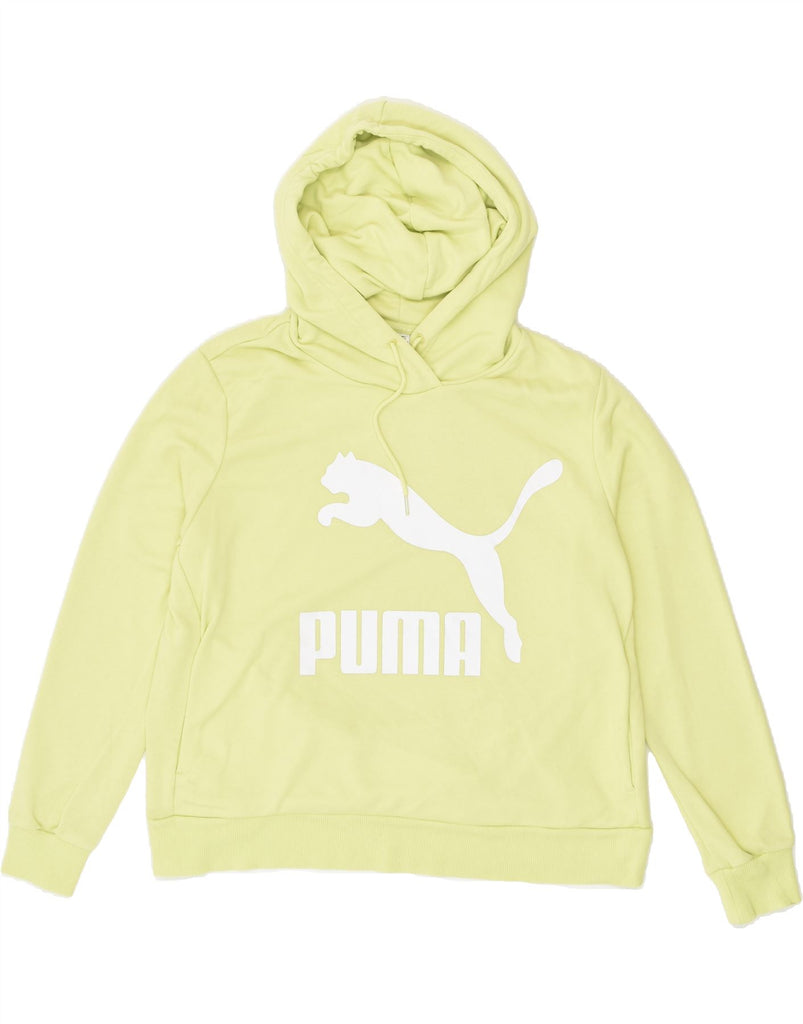 PUMA Womens Loose Fit Graphic Hoodie Jumper UK 16 Large Yellow Cotton | Vintage Puma | Thrift | Second-Hand Puma | Used Clothing | Messina Hembry 