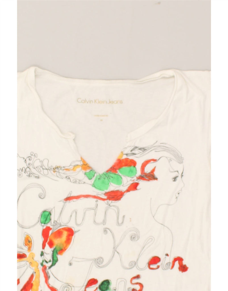 CALVIN KLEIN Womens Graphic T-Shirt Top UK 14 Medium White Floral | Vintage Calvin Klein | Thrift | Second-Hand Calvin Klein | Used Clothing | Messina Hembry 