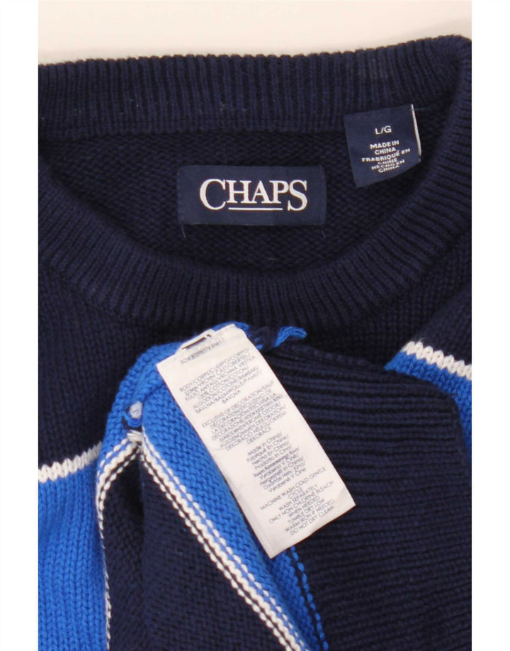 Chaps Mens Crew Neck Jumper Sweater Large Navy Blue Striped Cotton