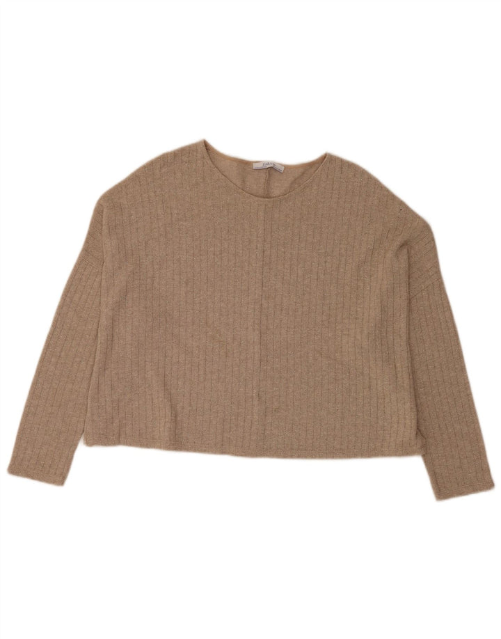 Zara Womens Crop Oversized Top 3/4 Sleeve UK 14 Medium Beige Flecked Cotton