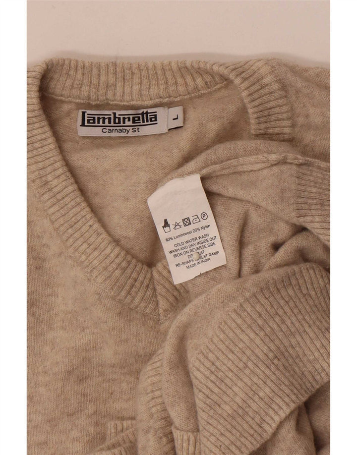 Lambretta Mens V-Neck Jumper Sweater Large Beige Lambswool