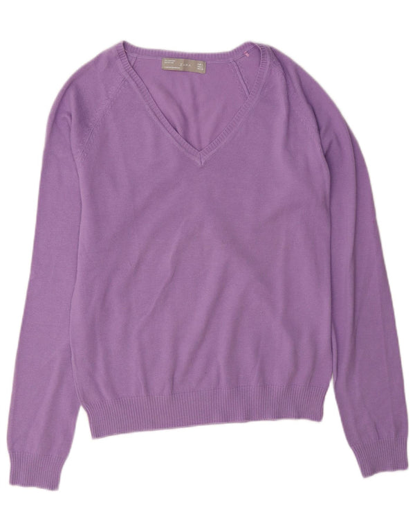 Zara Womens V-Neck Jumper Sweater UK 14 Large Purple Cotton