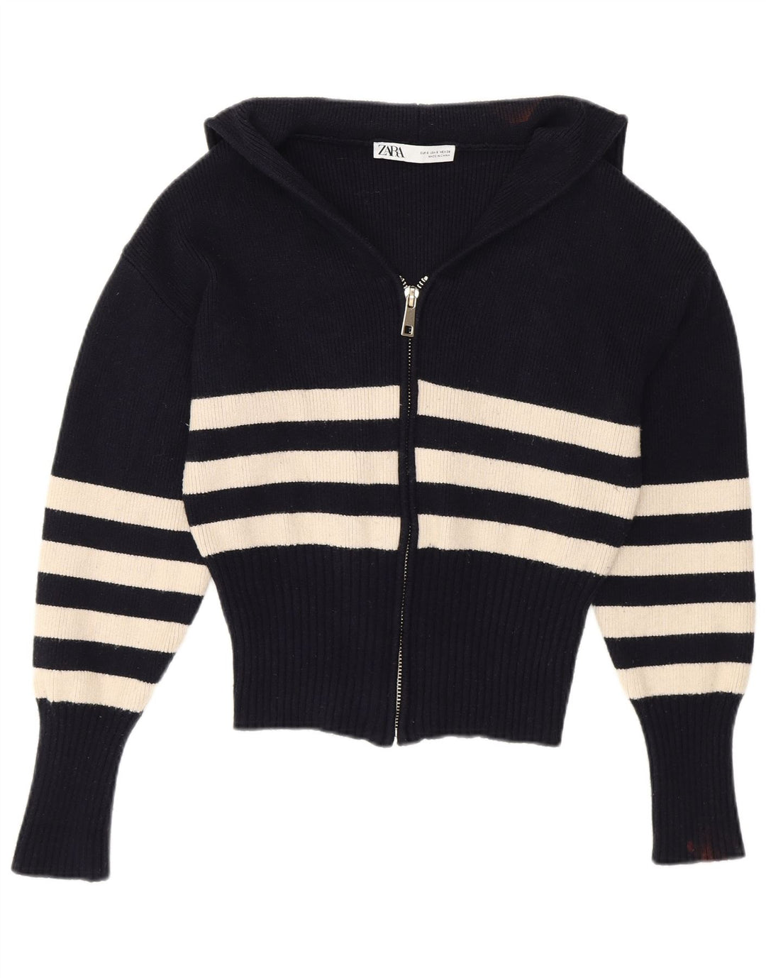 Zara Womens Crop Cardigan Sweater Small Navy Blue Striped Viscose