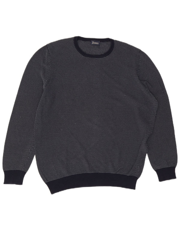 HERNO Mens Crew Neck Jumper Sweater IT 52 Large Navy Blue Cotton