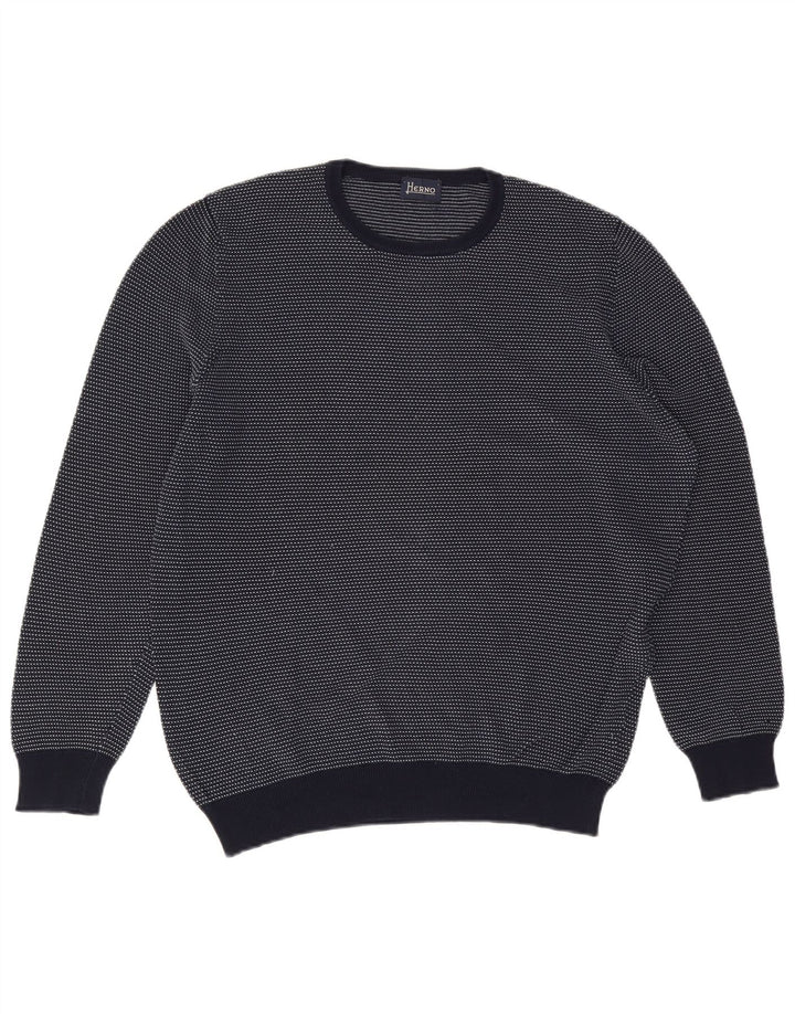 HERNO Mens Crew Neck Jumper Sweater IT 52 Large Navy Blue Cotton