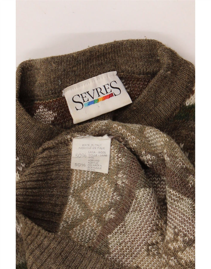 SEVRES Mens Crew Neck Jumper Sweater IT 52 Large Khaki Fair Isle Wool