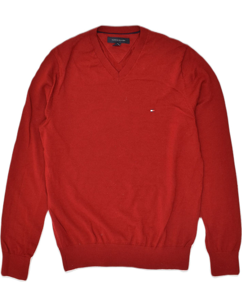 TOMMY HILFIGER Mens V-Neck Jumper Sweater Medium Red Wool | Vintage Tommy Hilfiger | Thrift | Second-Hand Tommy Hilfiger | Used Clothing | Messina Hembry 