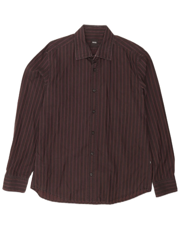 Hugo Boss Mens Regular Fit Shirt Large Burgundy Striped Cotton