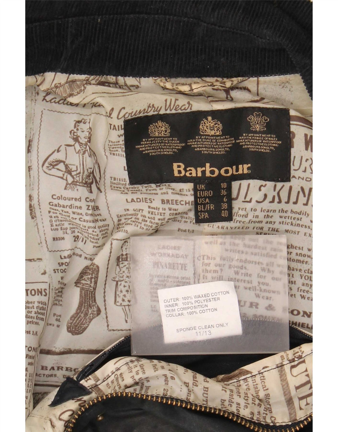 Barbour Womens Waxed Cotton Jacket UK 10 Small Black