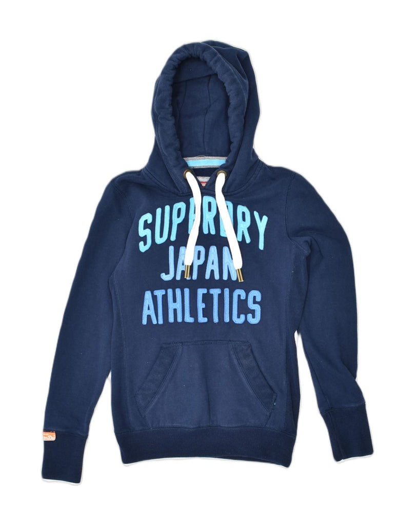 SUPERDRY Womens Graphic Hoodie Jumper UK 6 XS Navy Blue Cotton | Vintage Superdry | Thrift | Second-Hand Superdry | Used Clothing | Messina Hembry 