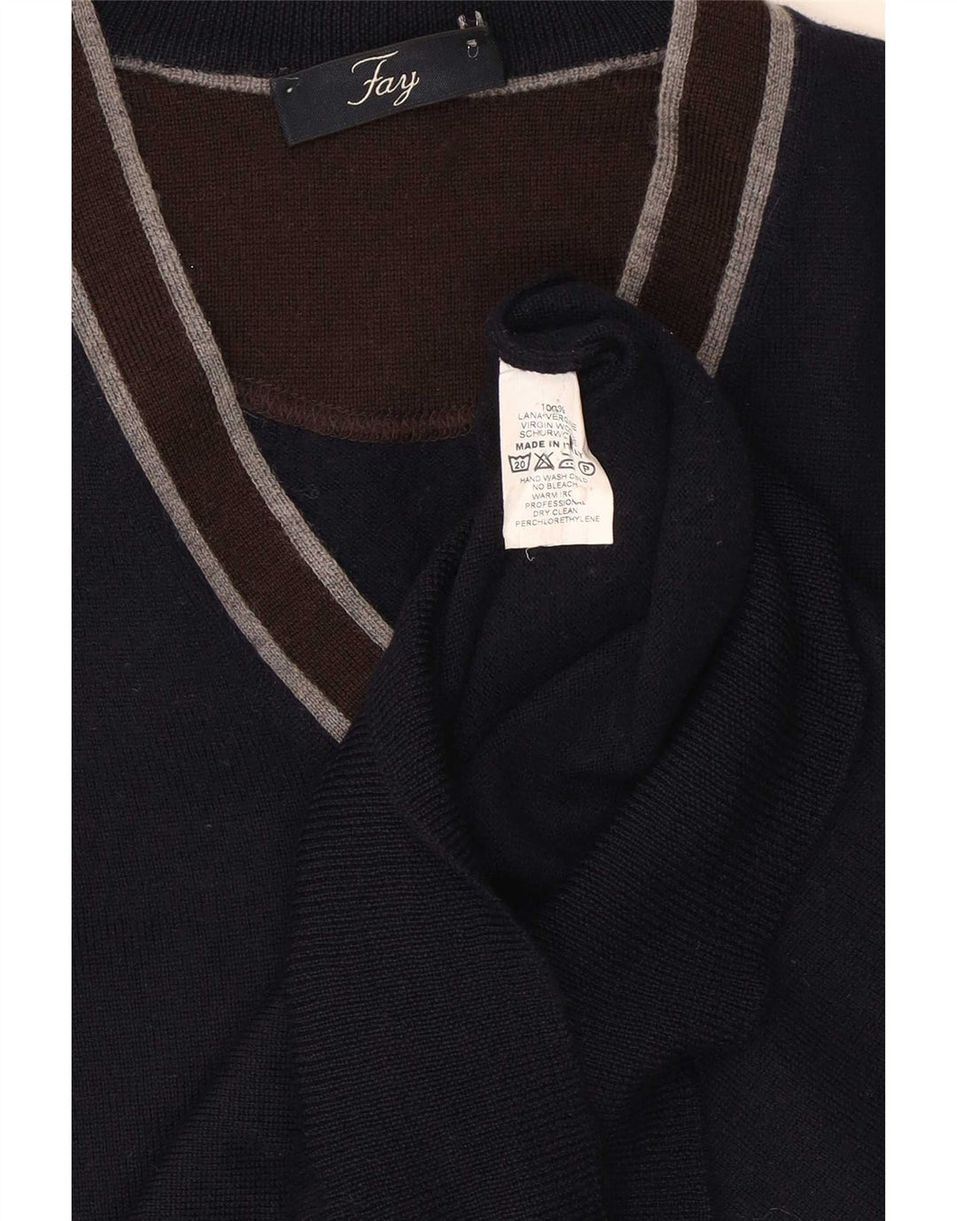 Fay Mens V-Neck Jumper Sweater Medium Navy Blue Colourblock Virgin Wool