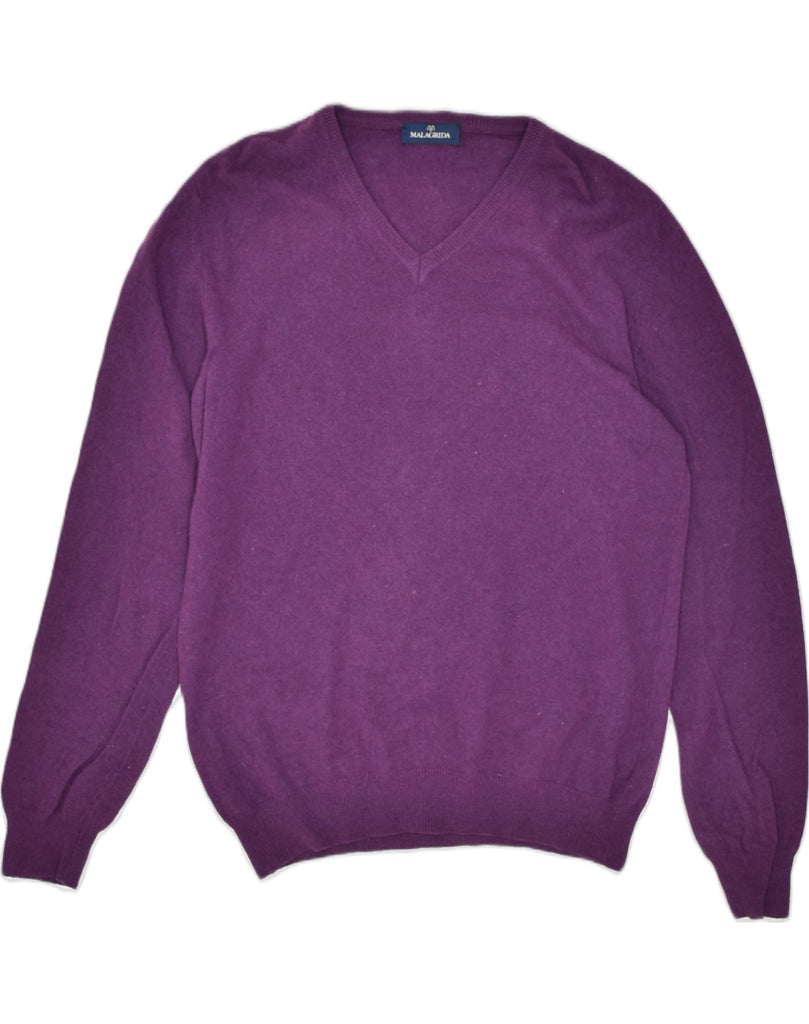 MALAGRIDA Mens V-Neck Jumper Sweater Large Purple Wool | Vintage Malagrida | Thrift | Second-Hand Malagrida | Used Clothing | Messina Hembry 