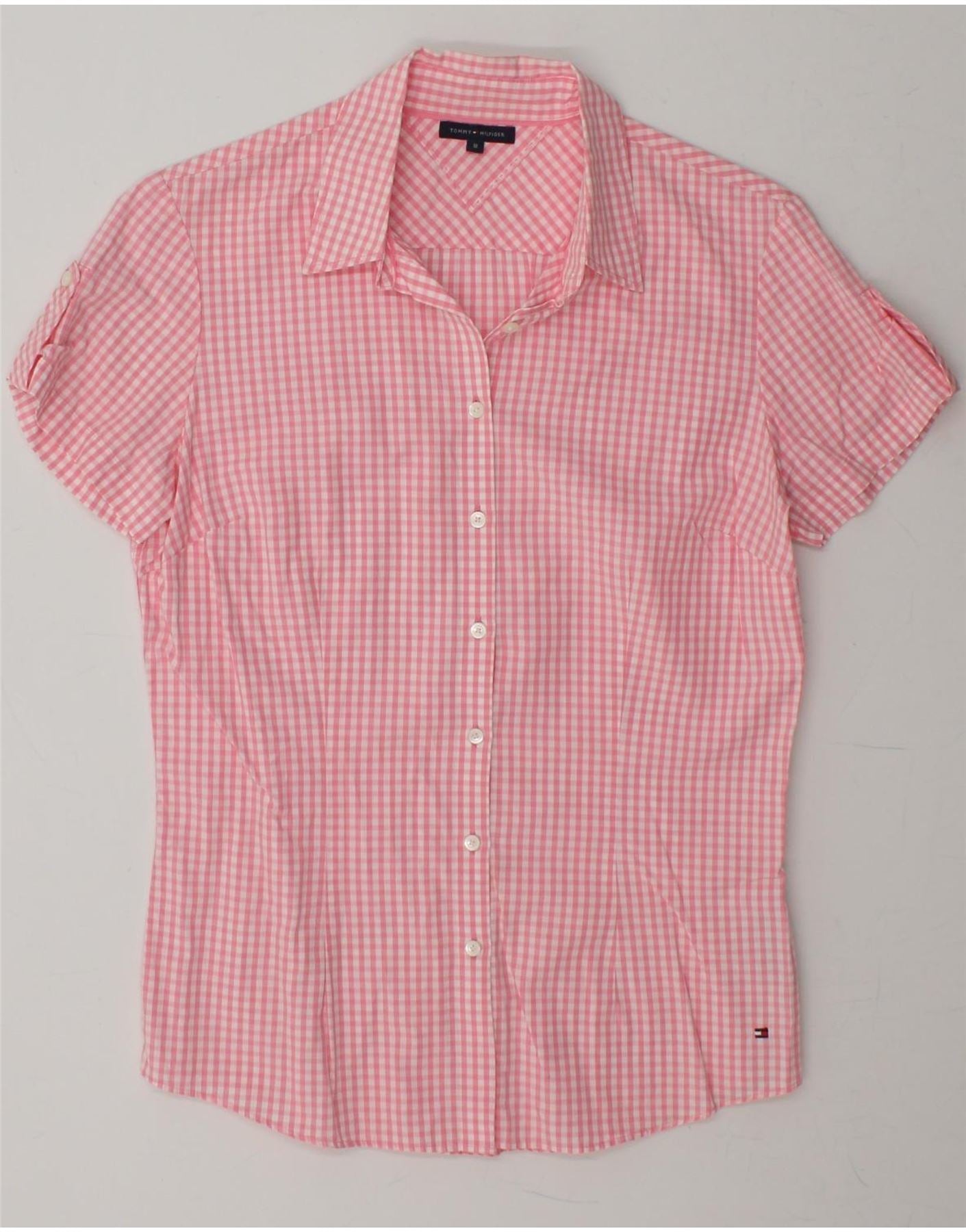 TOMMY HILFIGER Womens Short Sleeve Shirt US 8 Medium Pink Gingham Cotton Vintage Tommy Hilfiger and Second-Hand Tommy Hilfiger from Messina Hembry 
