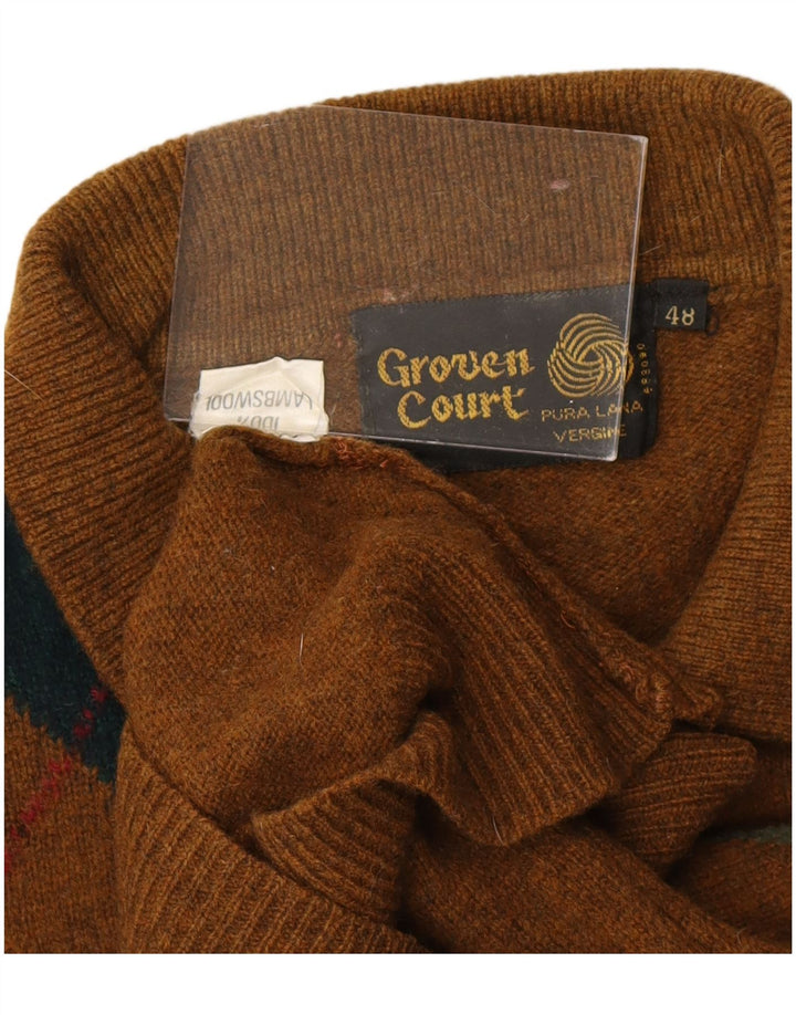 VINTAGE Mens Polo Neck Jumper Sweater IT 48 Small Brown Argyle/Diamond