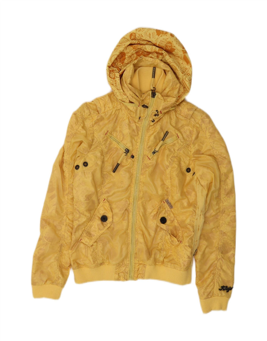 KHUJO Womens Graphic Hooded Bomber Jacket UK 14 Medium Yellow Polyester Vintage KHUJO and Second-Hand KHUJO from Messina Hembry 