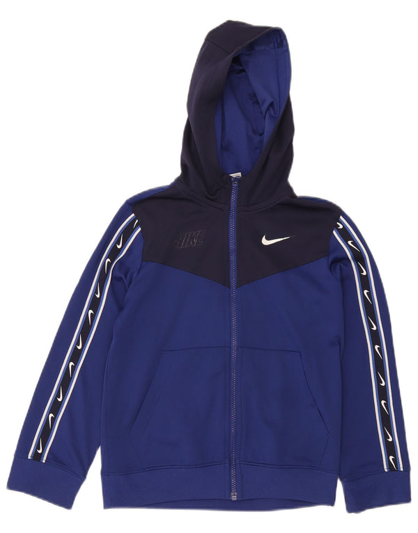 Nike Boys Graphic Zip Hoodie Sweater 8-9 Years Small Navy Blue Colourblock