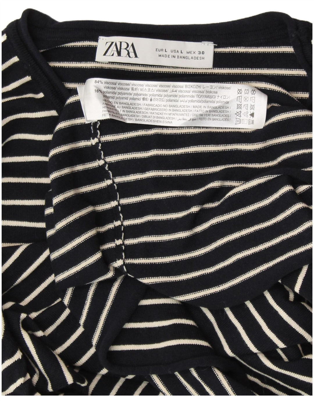 ZARA Womens Crew Neck Jumper Sweater UK 14 Large Navy Blue Striped Viscose