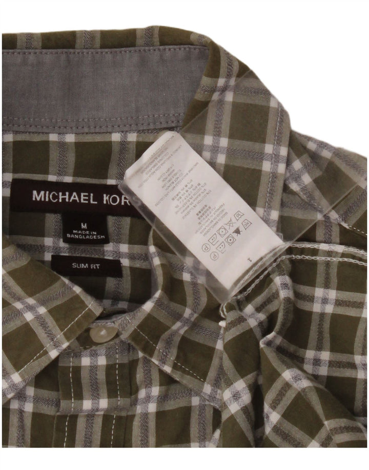 MICHAEL KORS Mens Slim Fit Shirt Medium Khaki Check Cotton
