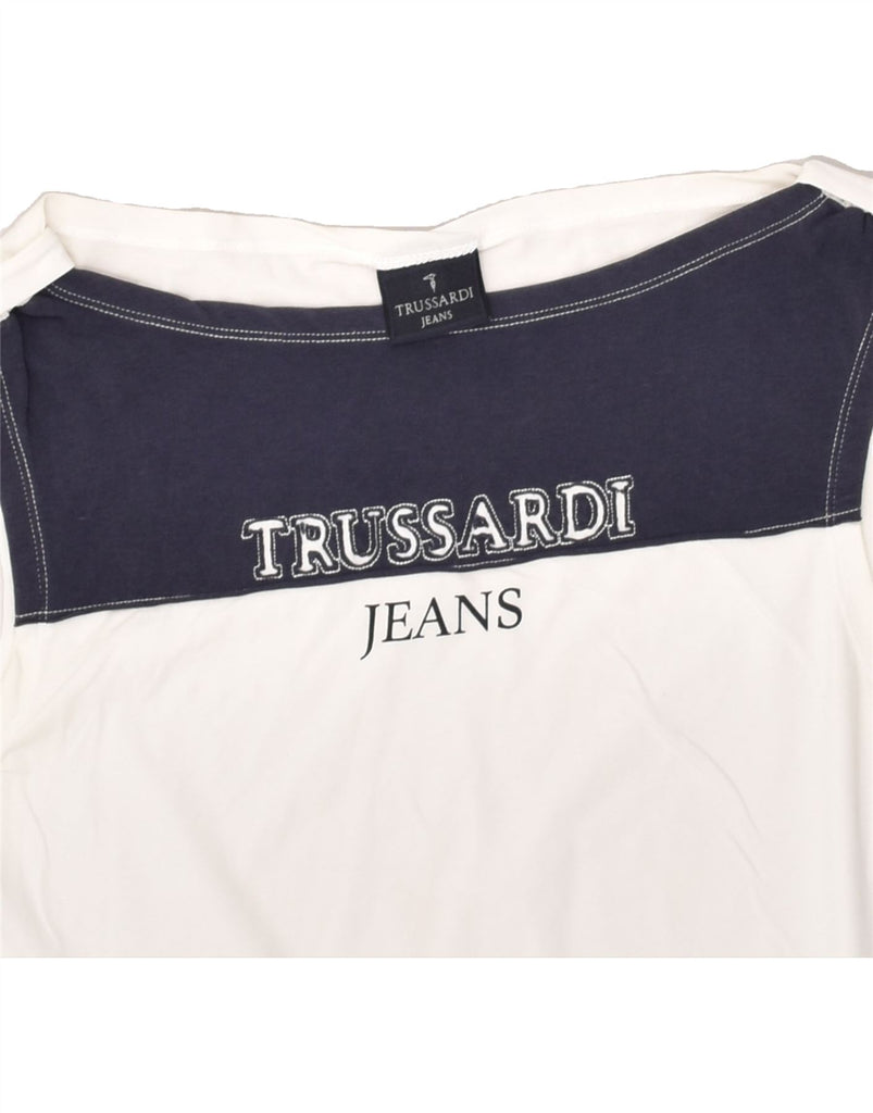 TRUSSARDI Womens Graphic Vest Top UK 12 Medium White Colourblock Cotton | Vintage Trussardi | Thrift | Second-Hand Trussardi | Used Clothing | Messina Hembry 