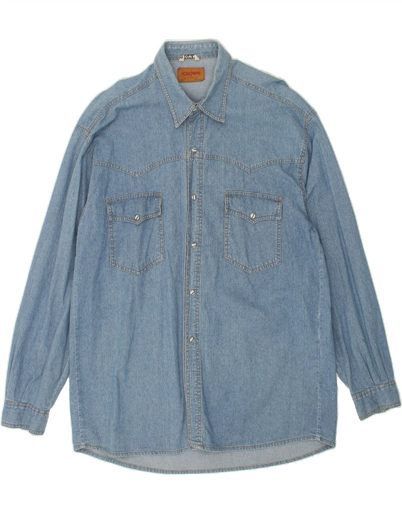 CROWN Mens Denim Shirt XL Blue Cotton | Vintage Crown | Thrift | Second-Hand Crown | Used Clothing | Messina Hembry 