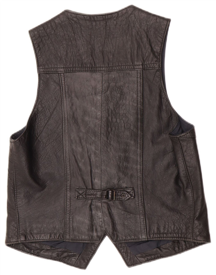 Vintage Mens Leather Waistcoat Medium Black Leather