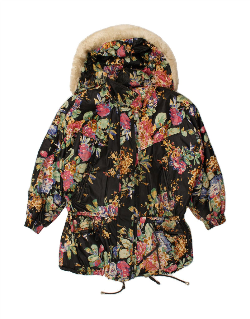 VINTAGE Womens Hooded Parka Jacket IT 46 Large Black Floral Polyester | Vintage Vintage | Thrift | Second-Hand Vintage | Used Clothing | Messina Hembry 