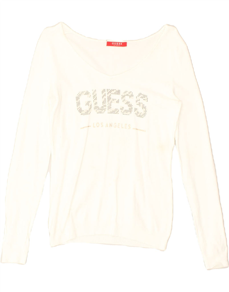 GUESS Womens Graphic V-Neck Jumper Sweater UK 6 XS White | Vintage Guess | Thrift | Second-Hand Guess | Used Clothing | Messina Hembry 