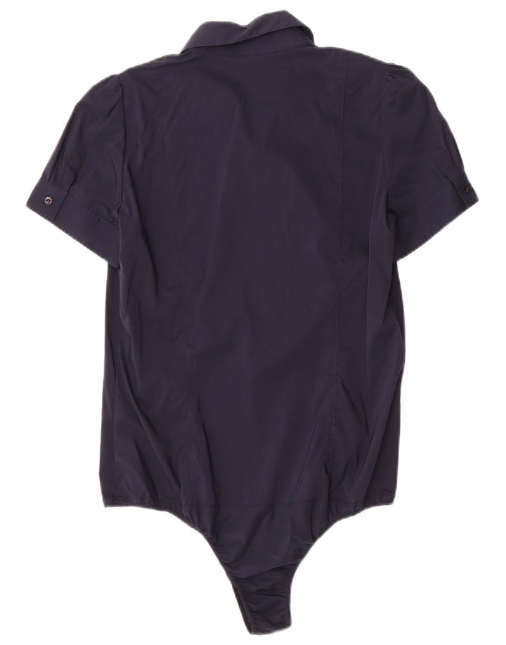 Atos Lombardini Womens Ruffle Front Shirt Bodysuit IT 46 Large Navy Blue