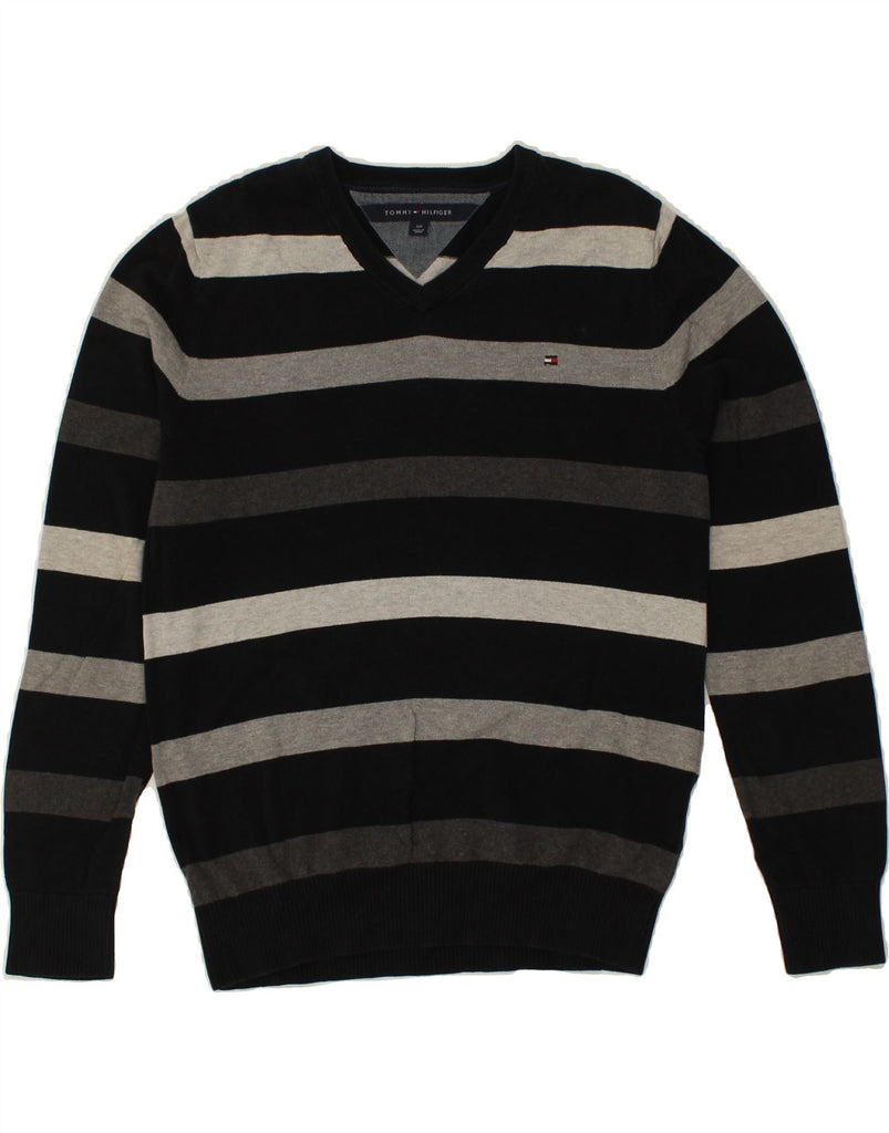 TOMMY HILFIGER Mens V-Neck Jumper Sweater Small Black Striped Cotton | Vintage Tommy Hilfiger | Thrift | Second-Hand Tommy Hilfiger | Used Clothing | Messina Hembry 