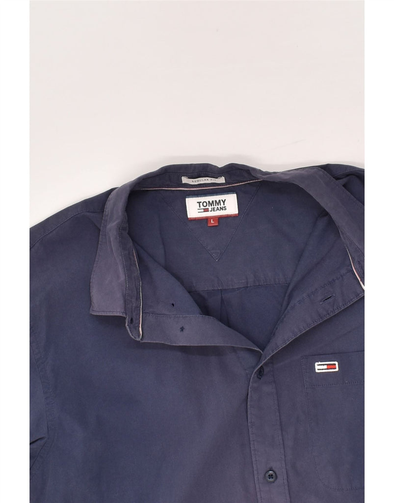 TOMMY JEANS Mens Regular Fit Shirt Large Navy Blue Cotton | Vintage Tommy Jeans | Thrift | Second-Hand Tommy Jeans | Used Clothing | Messina Hembry 