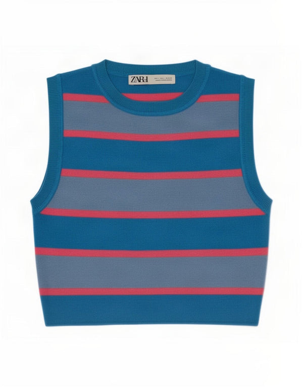 Zara Womens Crop Vest Top UK 14 Large Blue Striped Viscose
