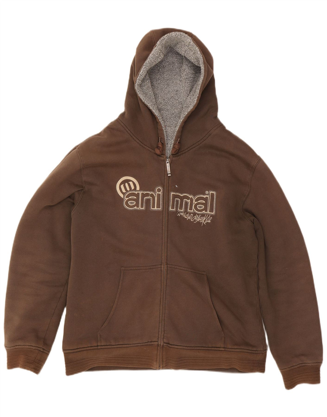 ANIMAL Mens Graphic Zip Hoodie Sweater Large Brown Cotton