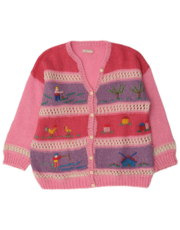 Vintage Womens Cardigan Sweater UK 18 XL Pink Colourblock Wool Novelty