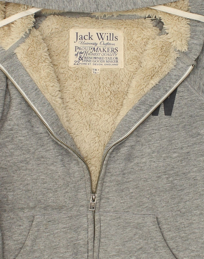 JACK WILLS Womens Graphic Sherpa Zip Hoodie Sweater UK 8 Small Grey Cotton | Vintage Jack Wills | Thrift | Second-Hand Jack Wills | Used Clothing | Messina Hembry 