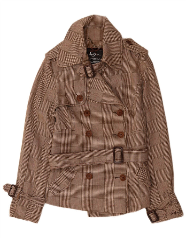PEPE Jeans Womens Belted Pea Coat UK 14 Medium Brown Houndstooth Cotton